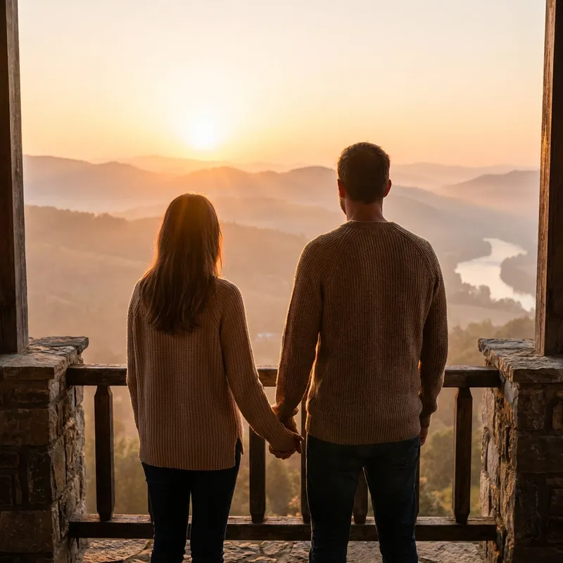 Couple holding hands with mountain view