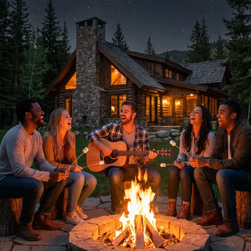 Group of friends laughing around a campfire