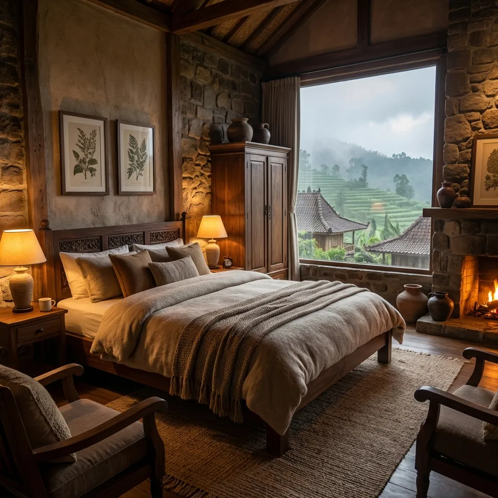 Cozy warm interior of Villa Dieng with wooden furniture and soft lighting